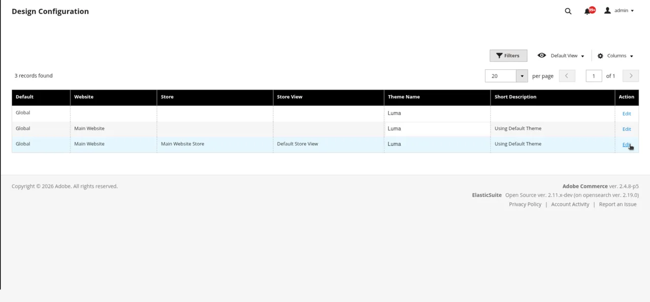 Magento admin Design Configuration grid with the store view row and its Edit action