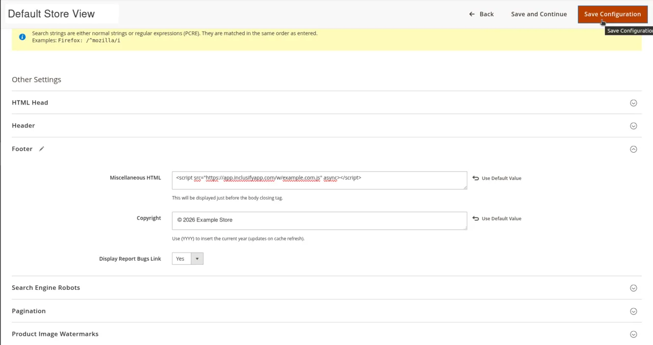 Magento store view design settings with the Inclusify script pasted into Footer Miscellaneous HTML
