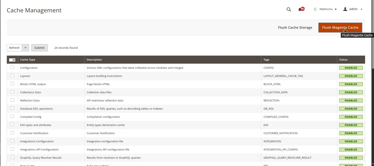 Magento Cache Management screen with the Flush Magento Cache button