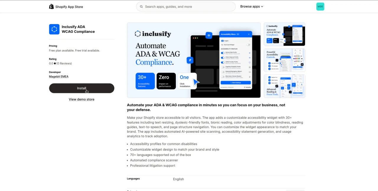 Inclusify ADA WCAG Compliance listing on the Shopify App Store with the Install button