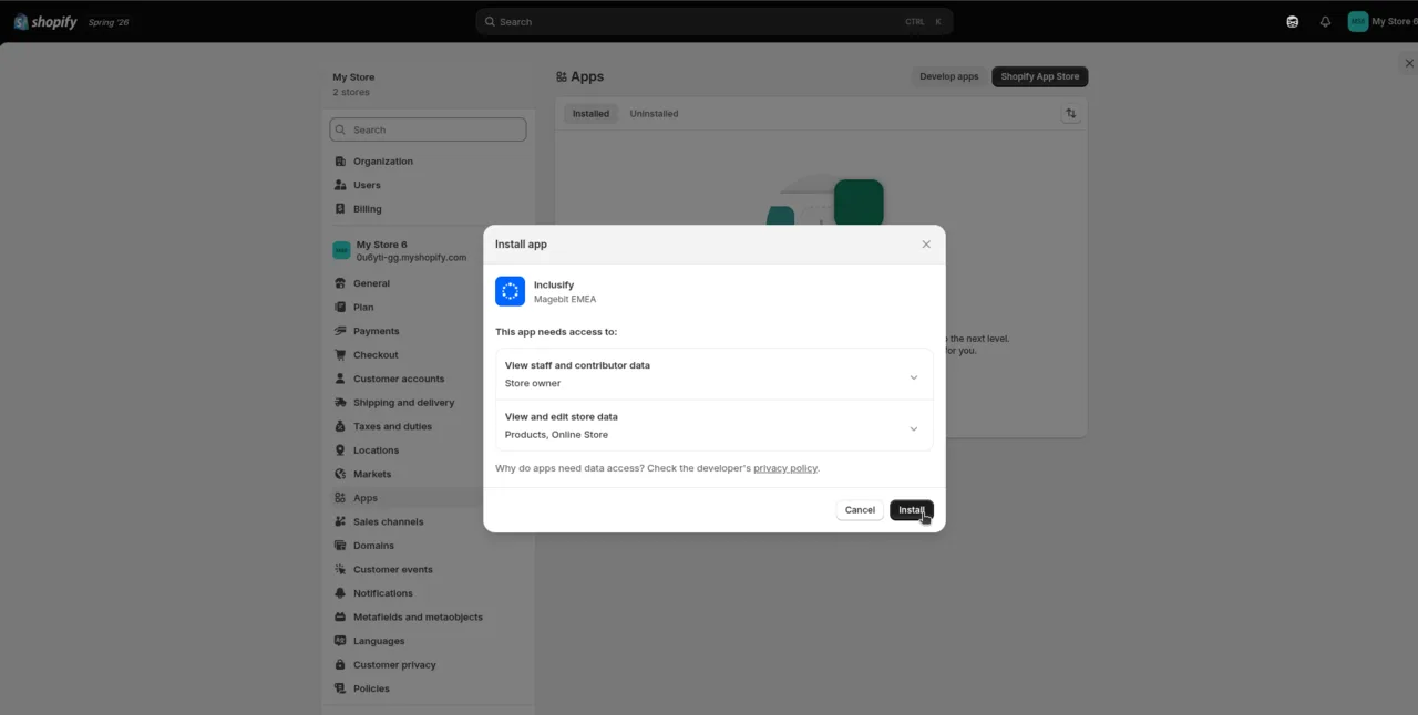 Shopify admin install dialog showing the permissions Inclusify requests