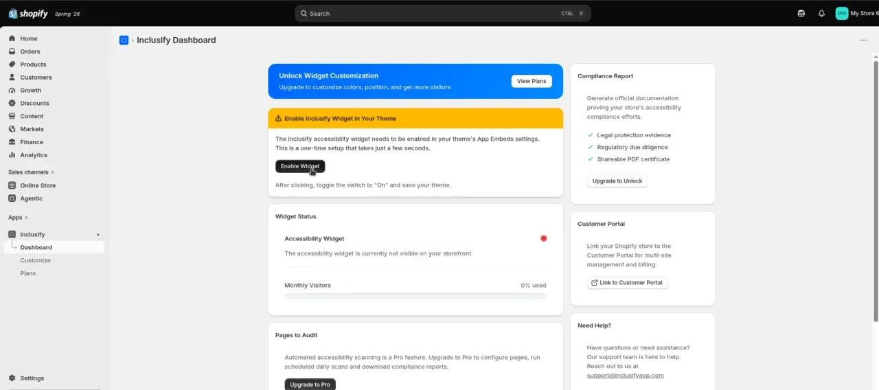 Inclusify dashboard inside Shopify admin with the Enable Widget button highlighted