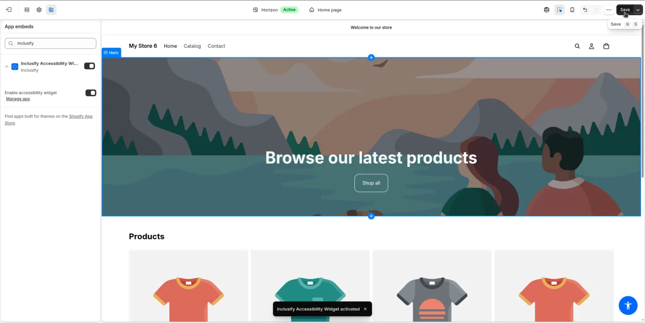 Shopify theme editor with the Inclusify app embed enabled and the accessibility widget live on the storefront
