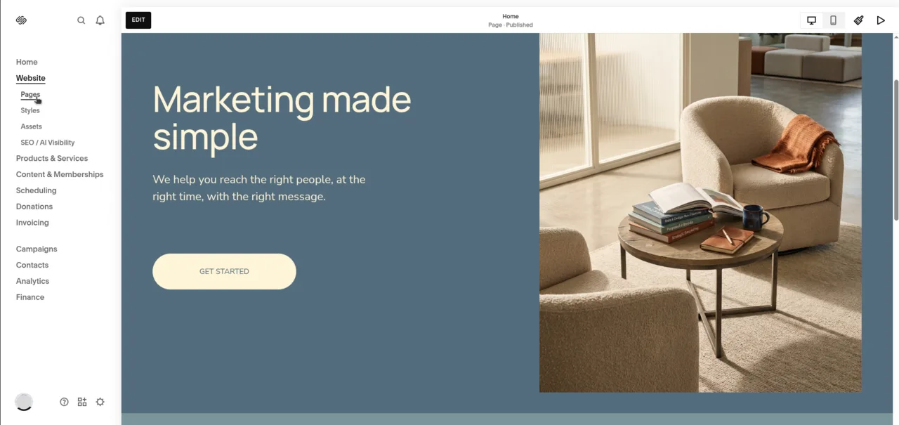 Squarespace dashboard with the Website menu open and Pages selected