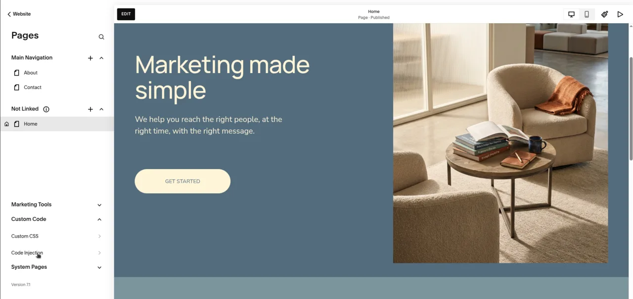 Squarespace Pages panel with Code Injection highlighted under the Custom Code section