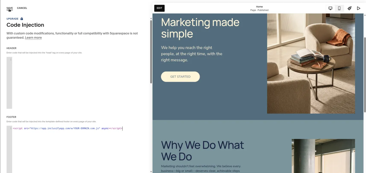 Squarespace Code Injection screen with the Inclusify widget script pasted in the Footer field