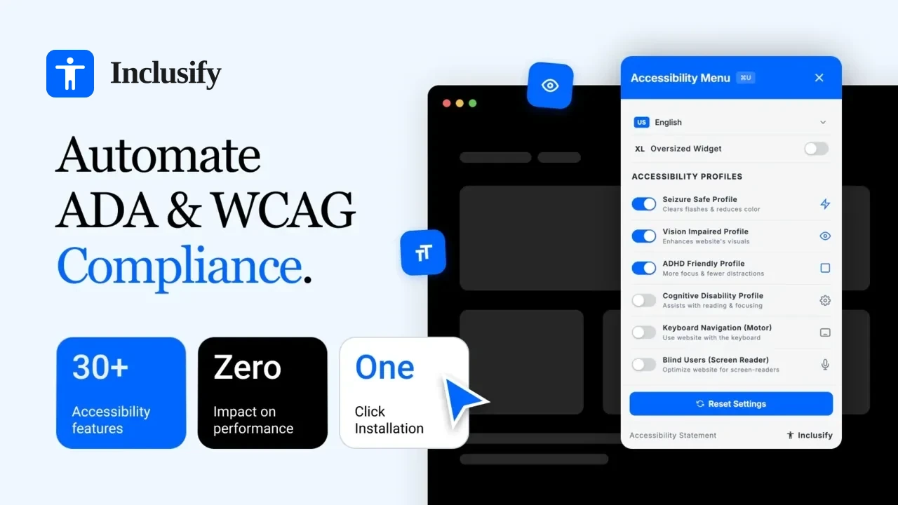 Inclusify accessibility menu with one-click accessibility profiles - automate ADA and WCAG compliance