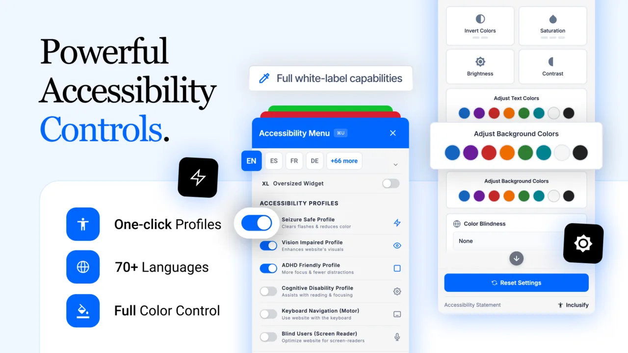 Inclusify widget controls - accessibility profiles, 70+ languages, and full color adjustments