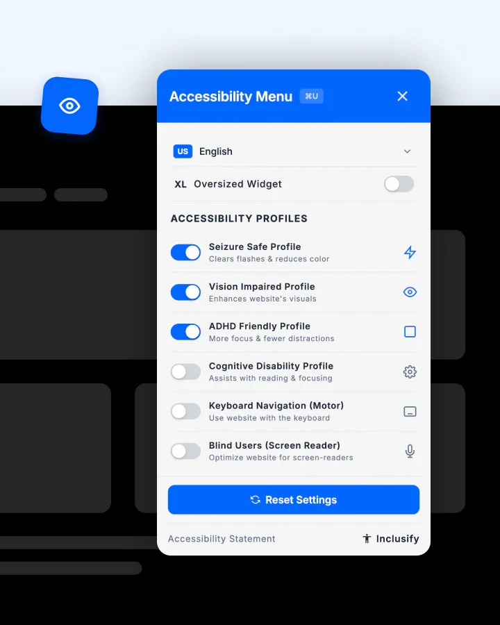 The Inclusify widget open on a website: an Accessibility Menu with one-click profiles for seizure safety, vision impairment, ADHD, cognitive disability, keyboard navigation and screen readers.