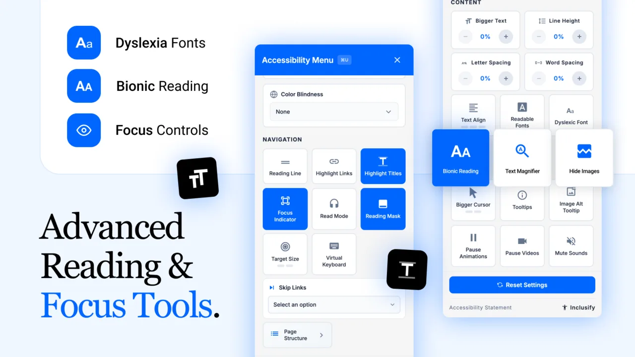 Inclusify reading and focus tools - dyslexia fonts, bionic reading, reading mask, and navigation aids