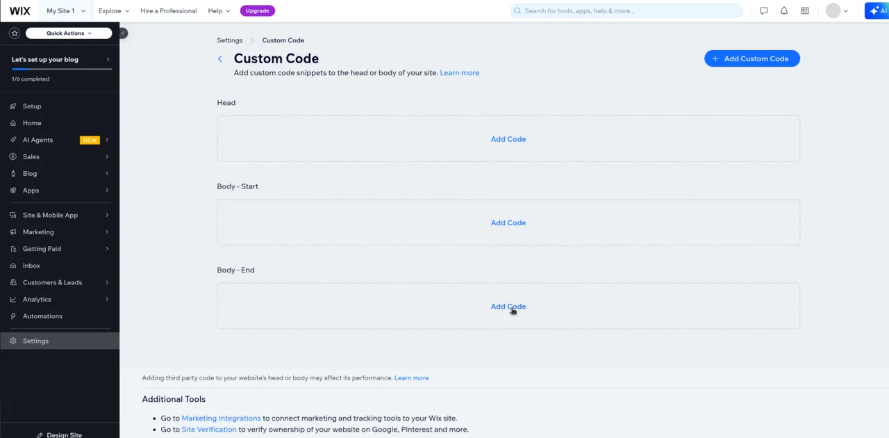 Wix Custom Code screen with Head, Body - Start and Body - End sections and the Add Code action