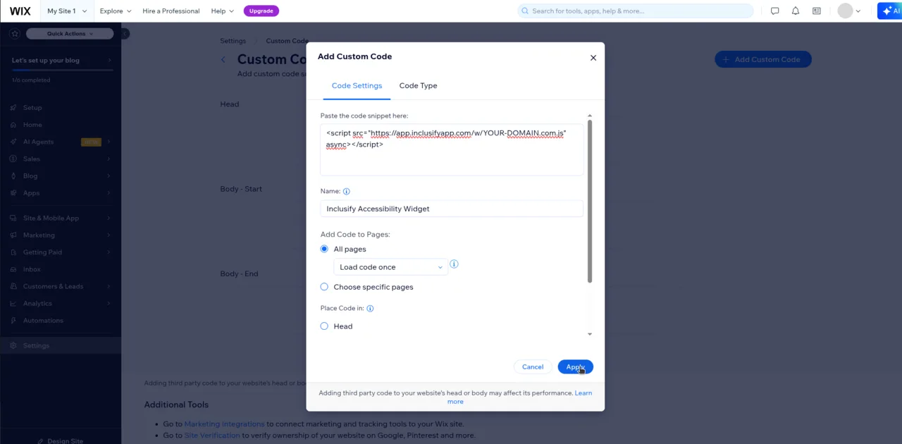 Wix Add Custom Code dialog with the Inclusify widget script pasted, named, and set to all pages