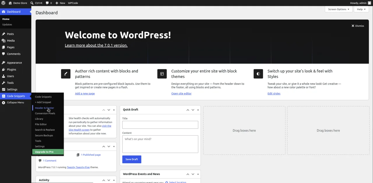 WordPress dashboard with the Code Snippets menu open and Header & Footer highlighted