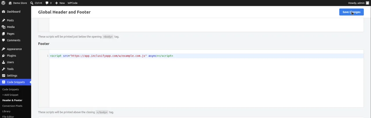 WPCode Global Header and Footer screen with the Inclusify widget script pasted in the Footer field